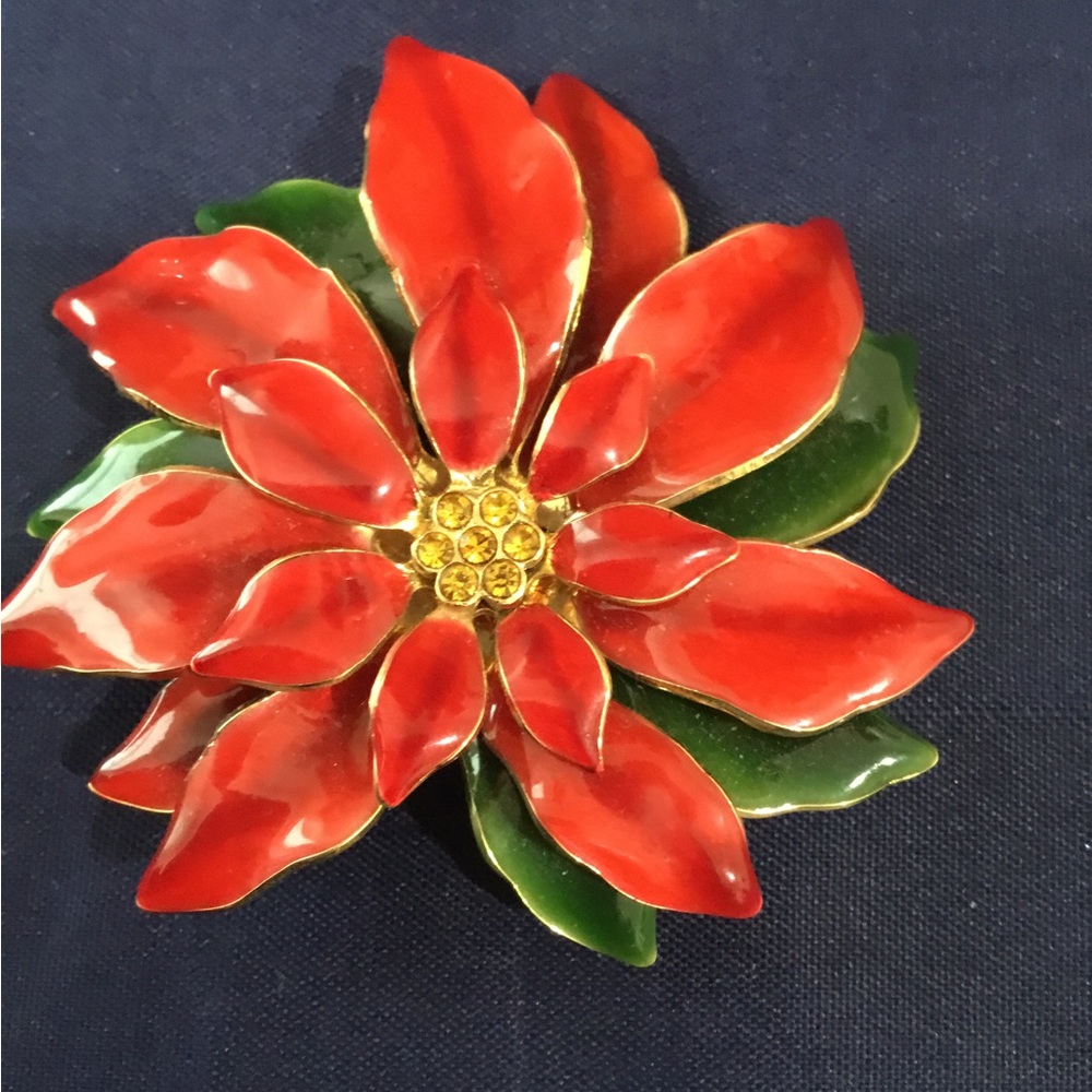 Red Poinsettia Enamel Brooch - Festive Holiday Accent